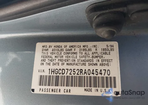 1994 Honda Accord Ex из США, поврежденный, VIN 1HGCD7252RA045470